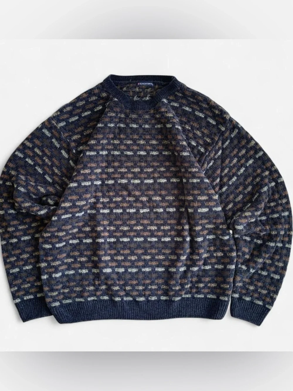 Knightsbridge 90s Soft Chenille Knit Black Grey Brown Checked Patterned Sweater